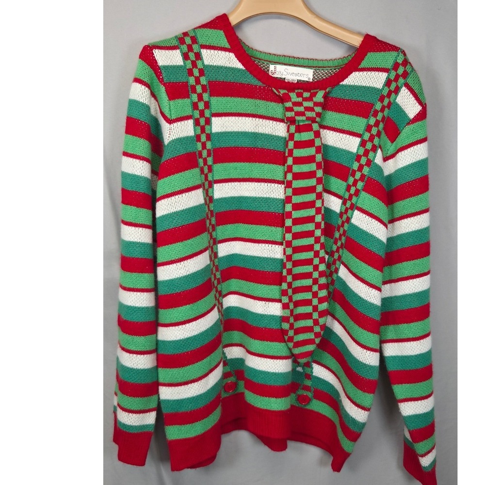 Jolly Sweaters Ugly Christmas Sweater Mens XXL Red Green Striped Tie Suspenders